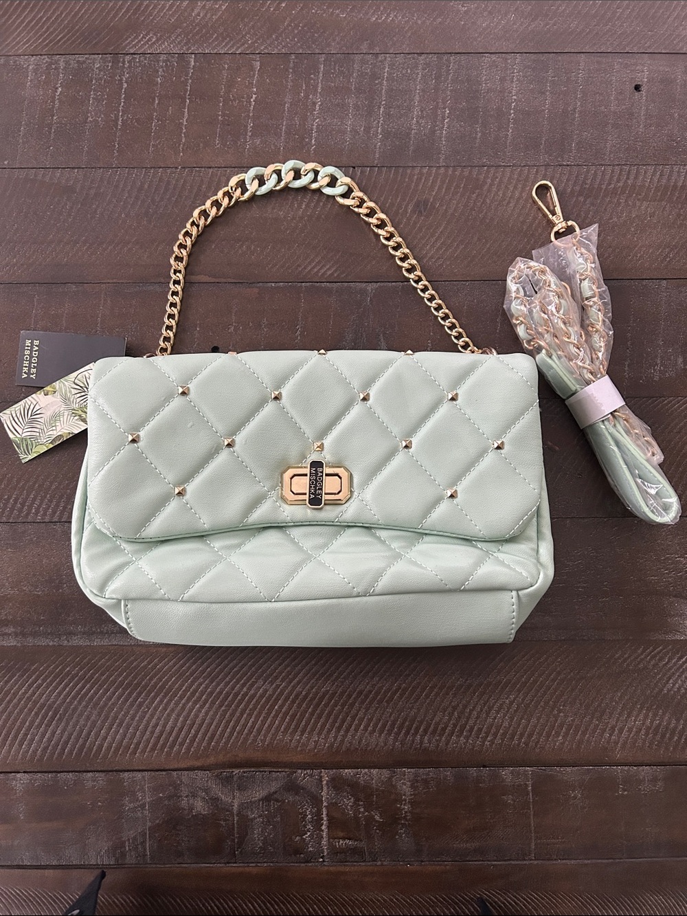 Badgley Mischka Quilted Mint Shoulder Bag with Gold Chain